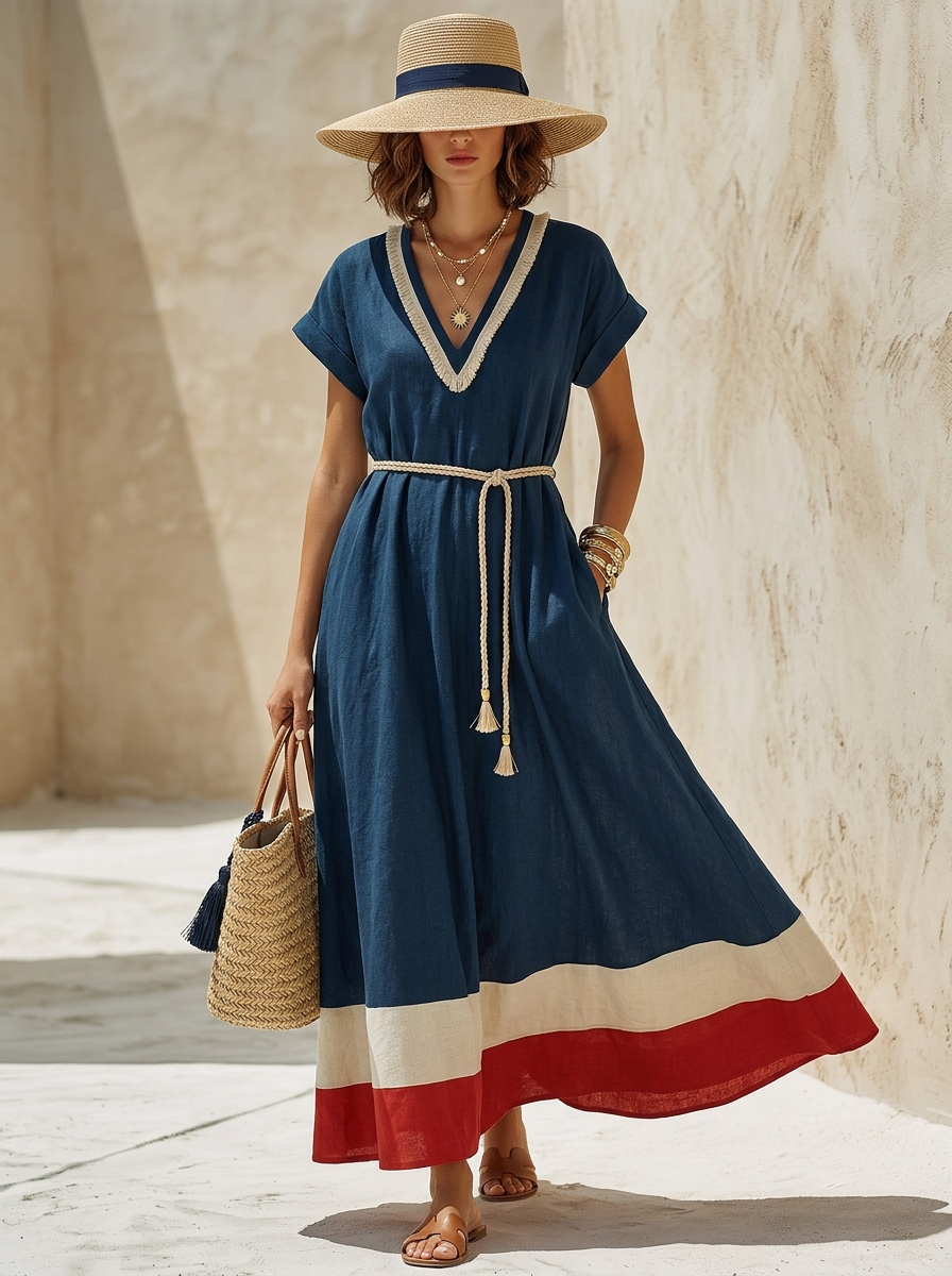 Colorblock V-Neck Belted Maxi Dress