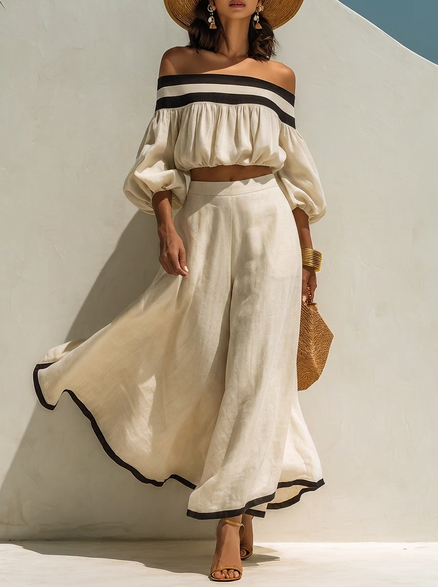 Contrast Trim Off-Shoulder Top & Flare Pants Set