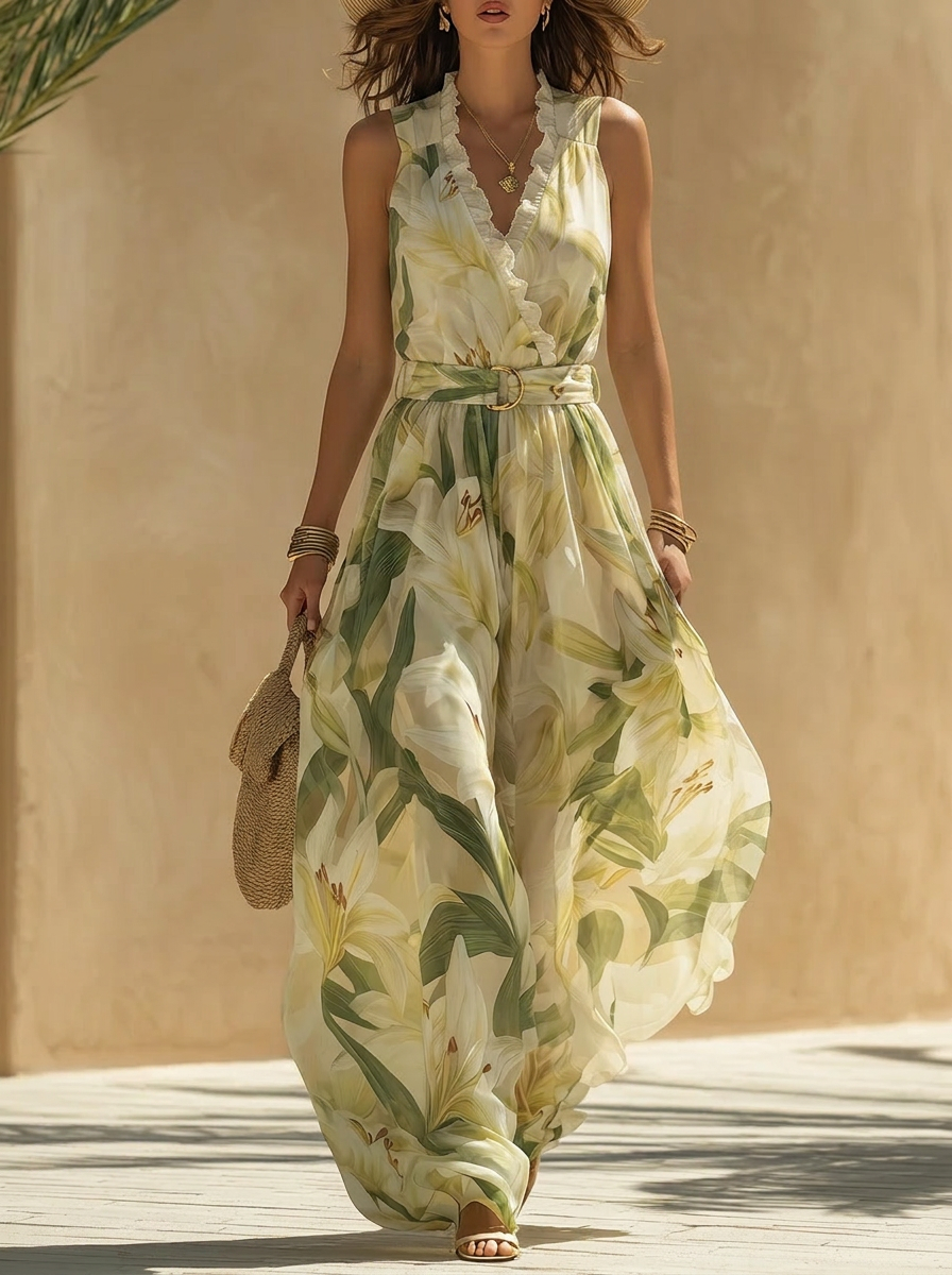Lily Print Ruffled V-Neck Tie-Waist Dress