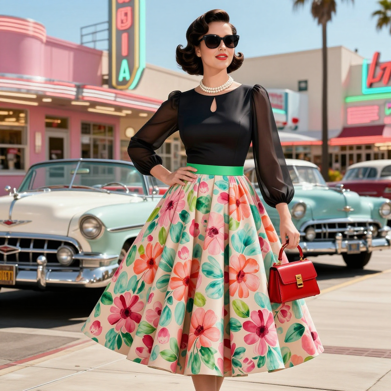 Floral Print Sheer Sleeve Midi Dress