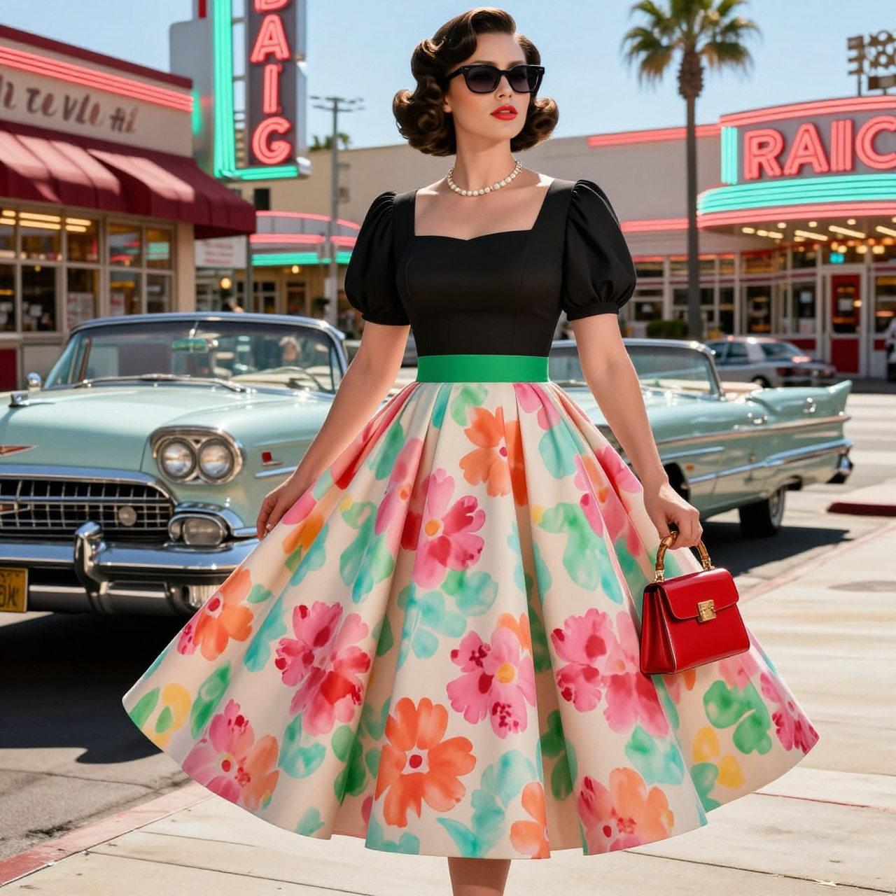 Floral Print Puff Sleeve Midi Dress