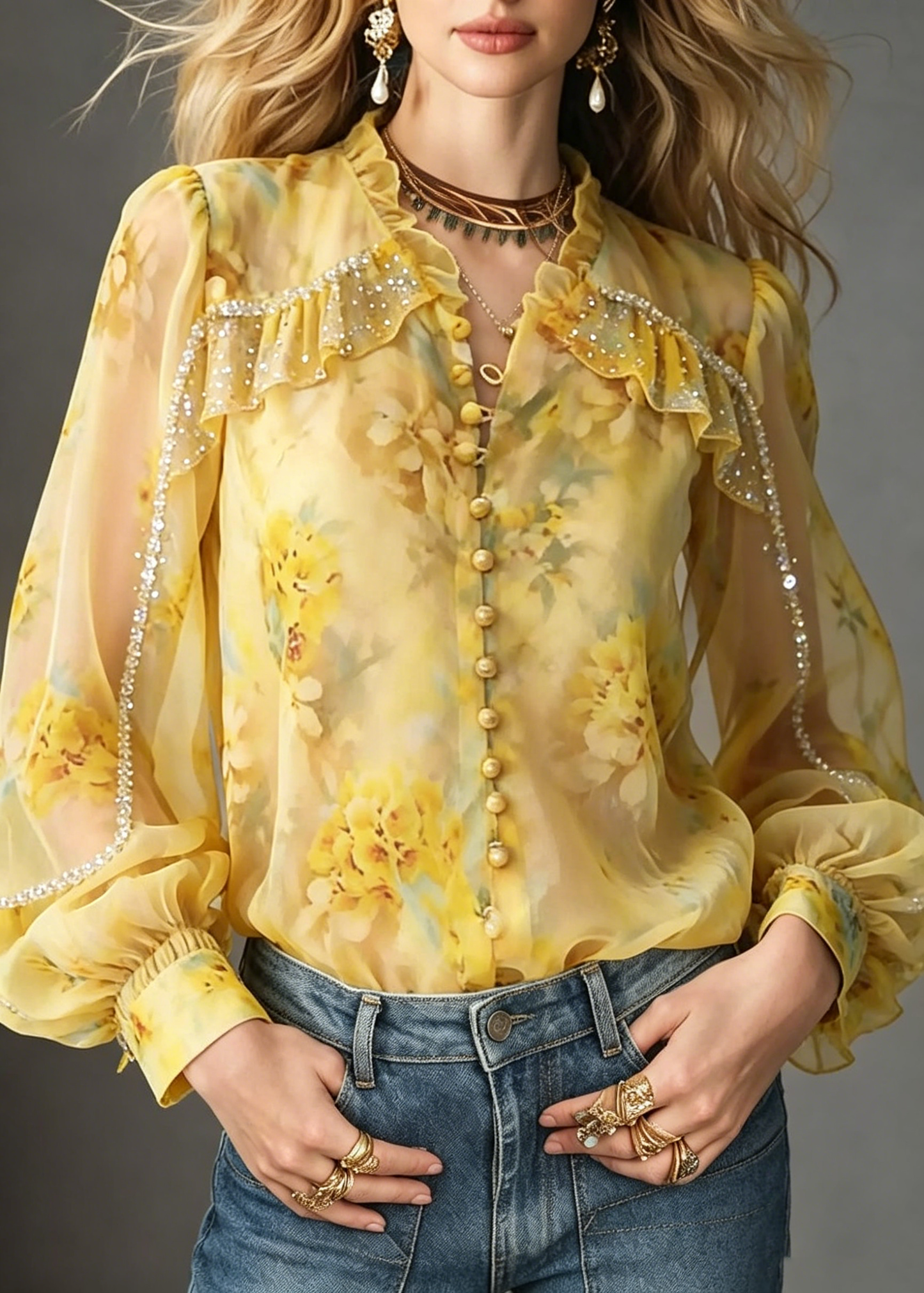 Rhinestone Ruffle Floral Chiffon Blouse