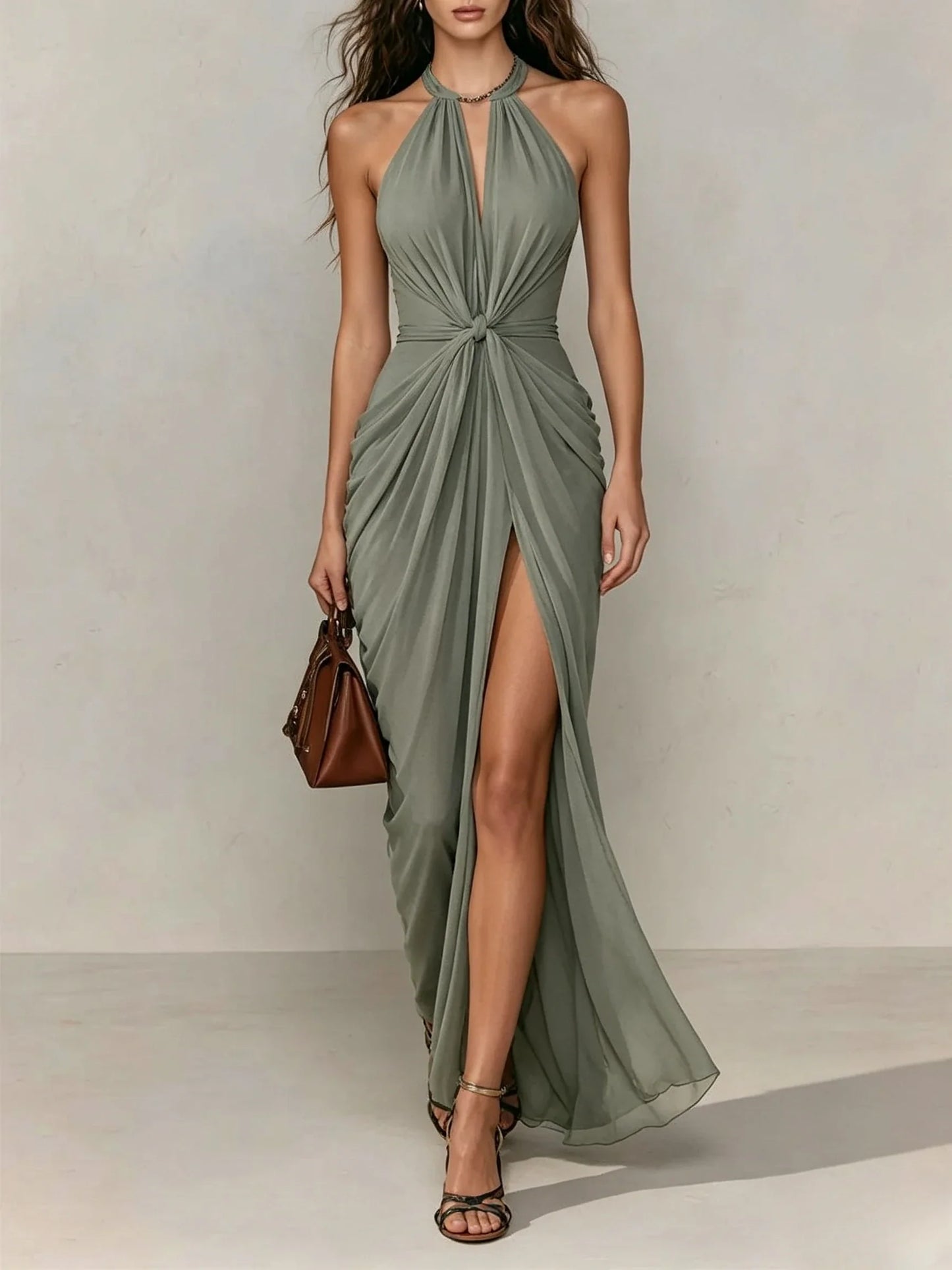 Halter Neck Twist Front Slit Maxi Dress