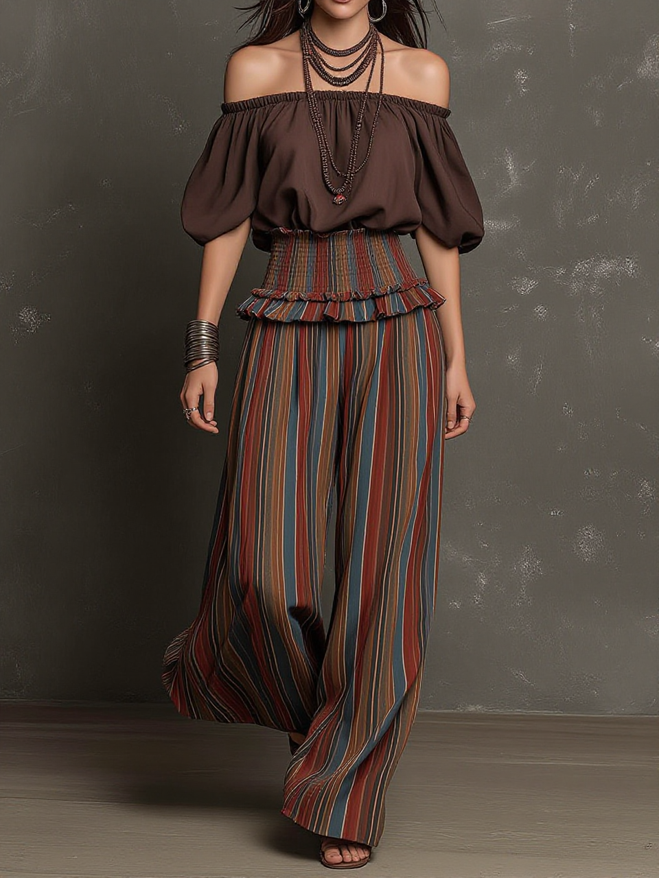 Off Shoulder Puff Sleeve Top & Striped Wide Leg Pants Set