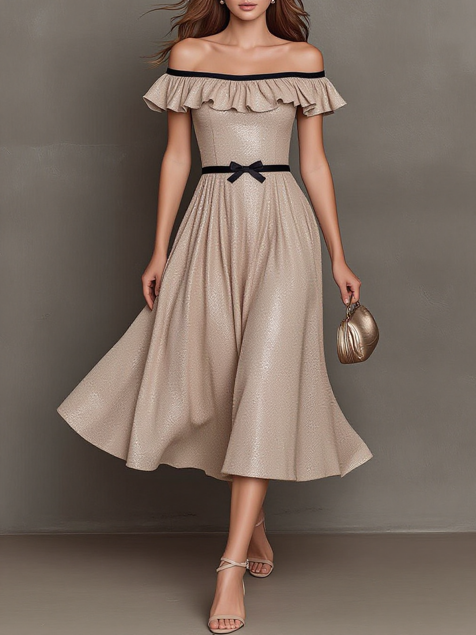 Off Shoulder Ruffle Bow Belt Midi Dress
