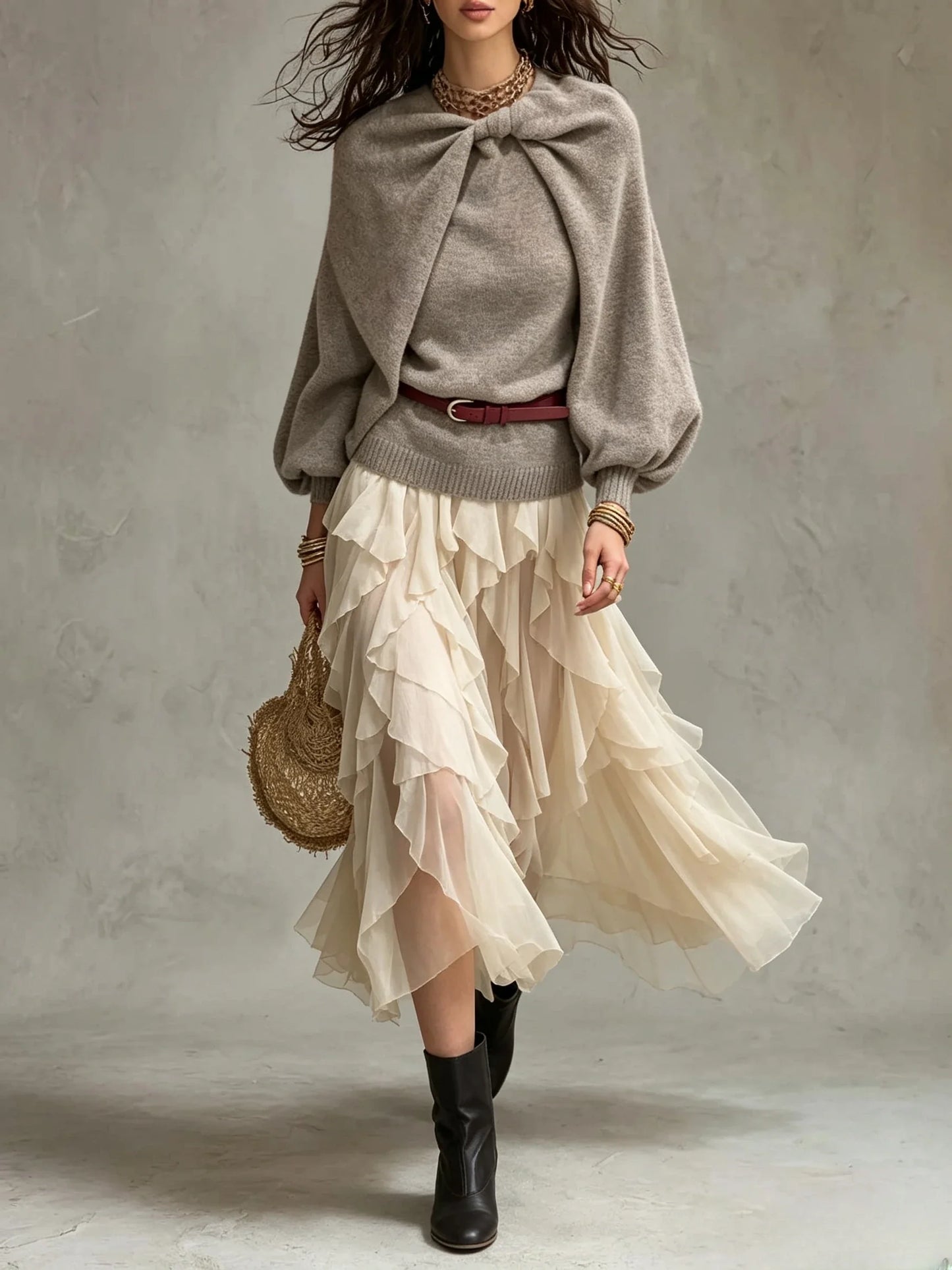 Knit Twist Cape Sweater And Ruffled Midi Skirt Set