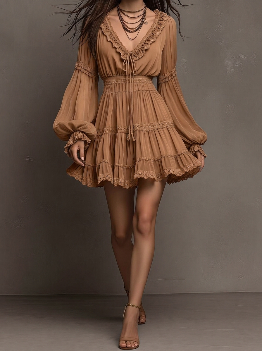 Camel Lace Trim Balloon Sleeve Ruffle Mini Dress