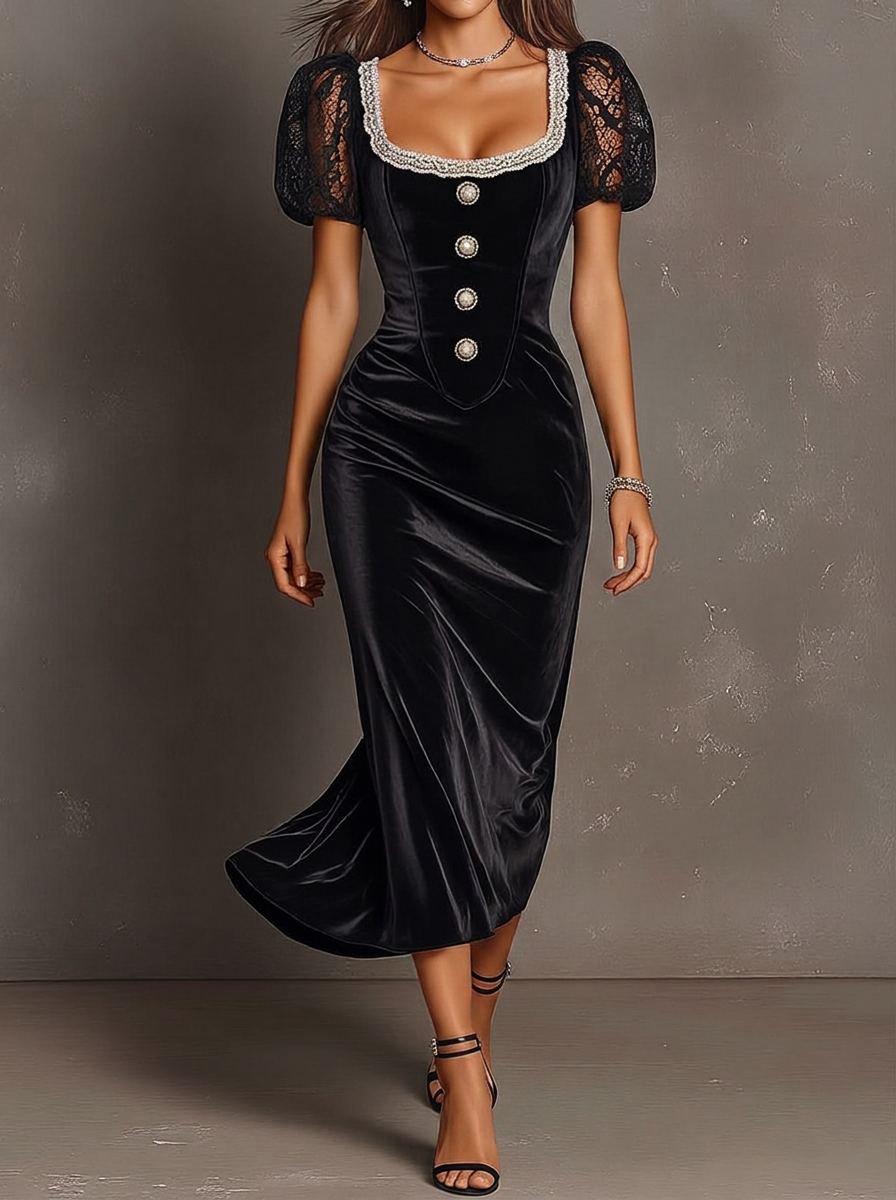 Black Velvet Puff Sleeve Lace Trim Button Midi Dress