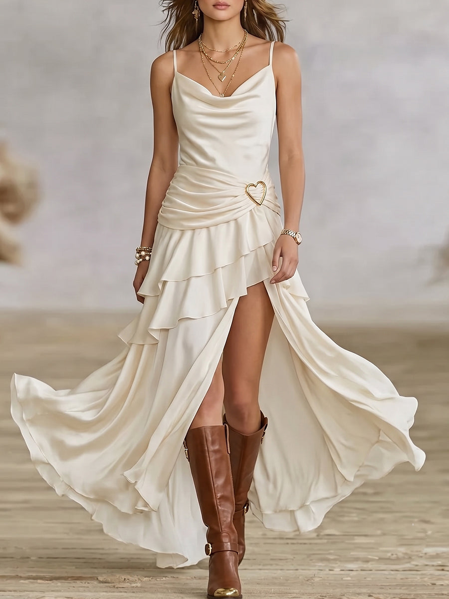 Ivory Cowl Neck Heart Buckle Ruffle Maxi Dress