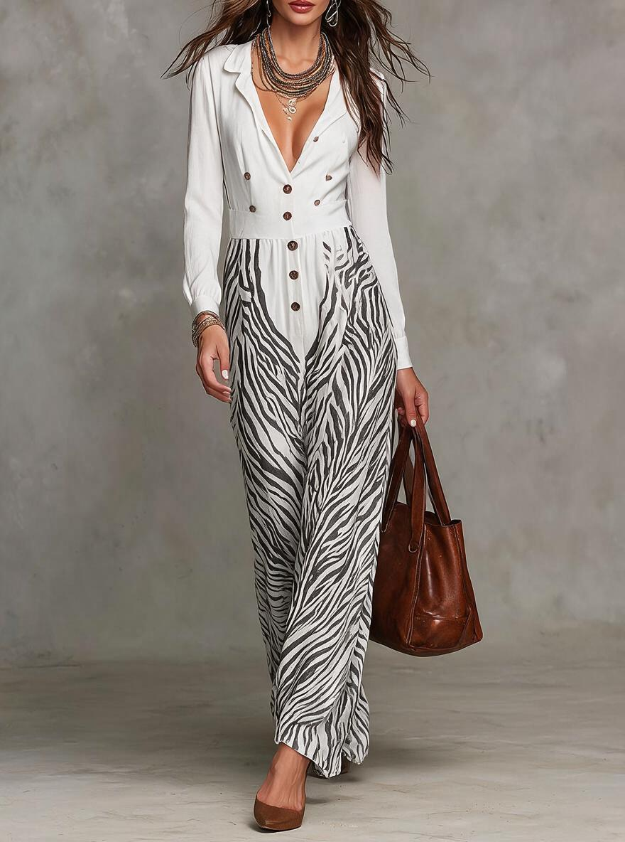 White Double-Breasted Zebra Print Jumpsuit