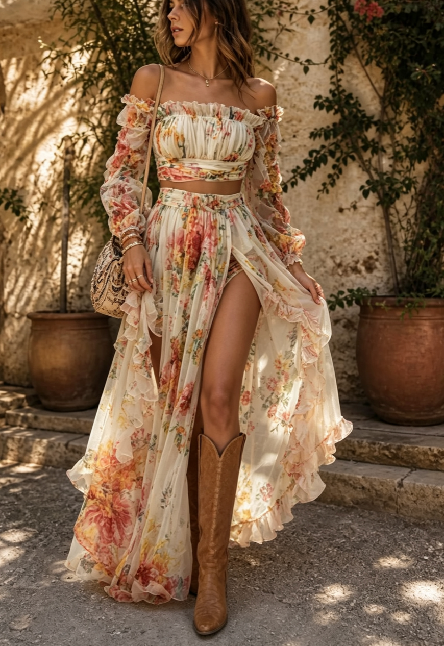 Off-Shoulder Floral Ruffle Two-Piece Maxi Set