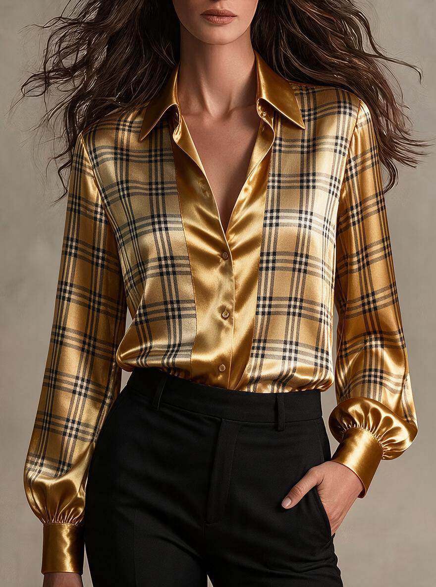 Gold Plaid Satin Shirt