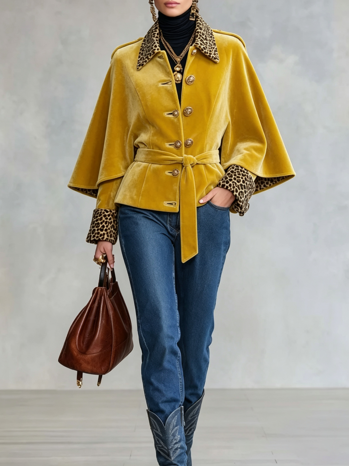 Yellow Velvet Leopard Trim Cape Jacket