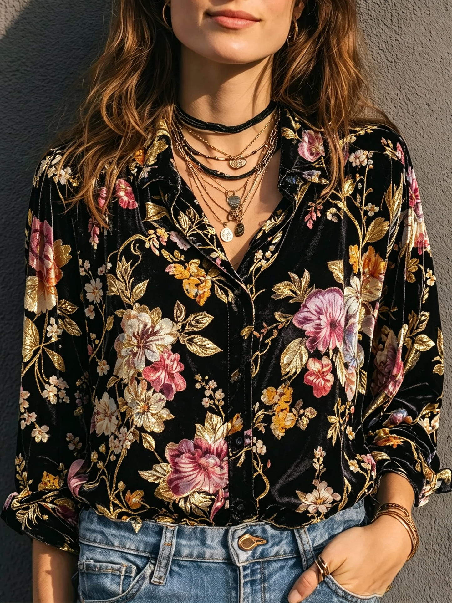Black Gold Floral Velvet Shirt