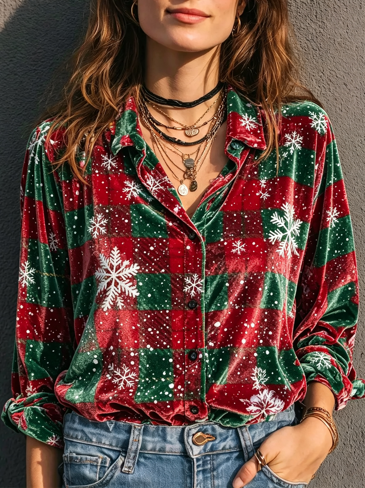 Red Green Snowflake Velvet Shirt
