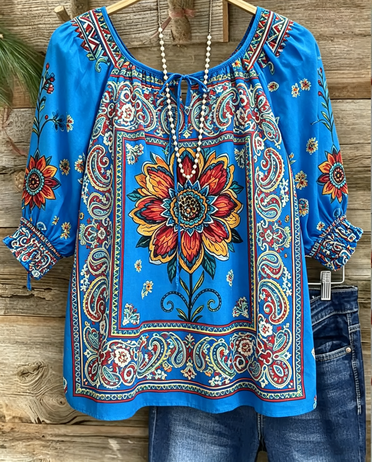 Blue Floral Paisley Boho Blouse