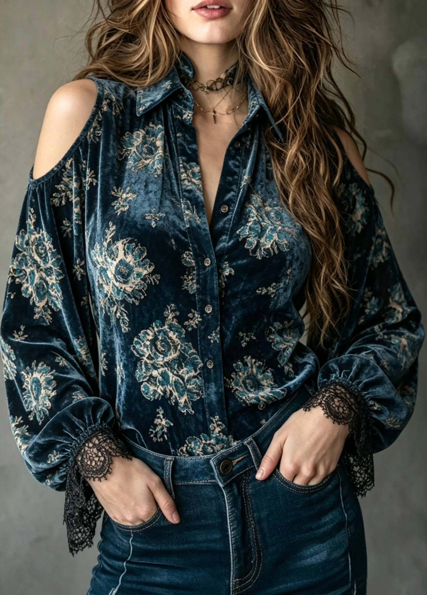 Blue Floral Cold Shoulder Velvet Top