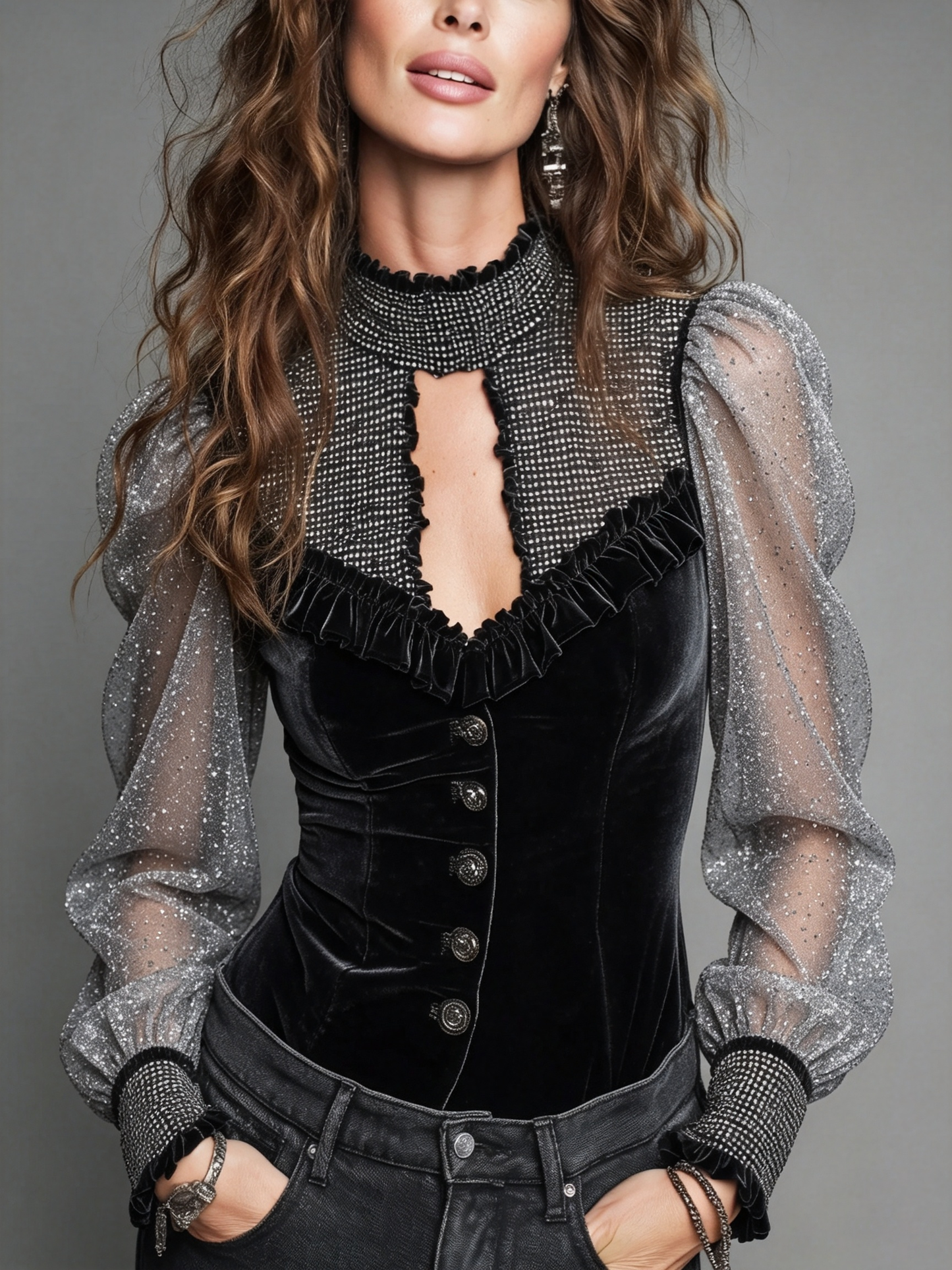 Black Polka Dot Metallic Ruffle Top