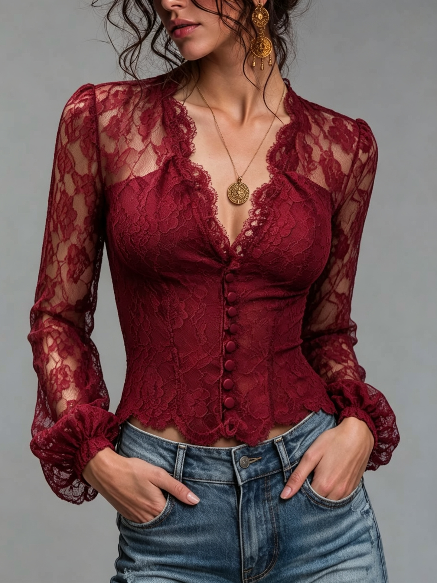 Burgundy Lace Button-Down Corset Top