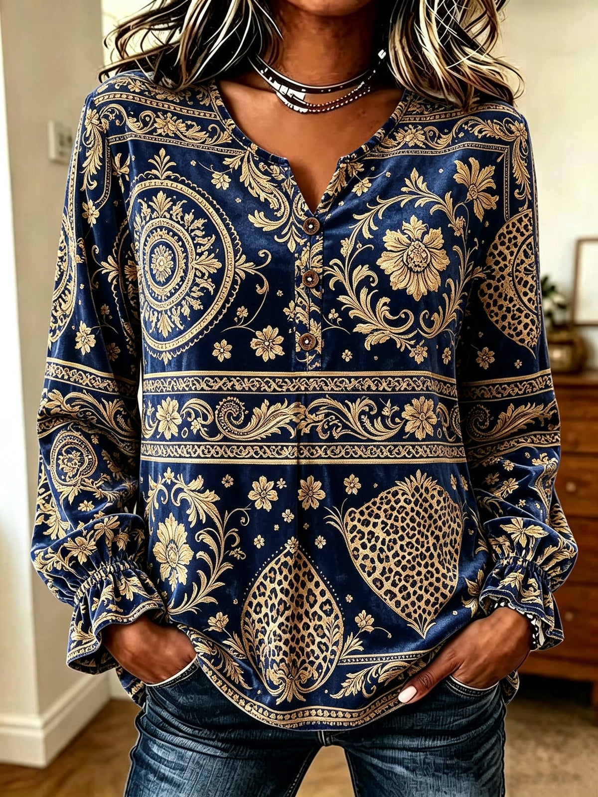 Navy Gold Paisley Velvet Blouse