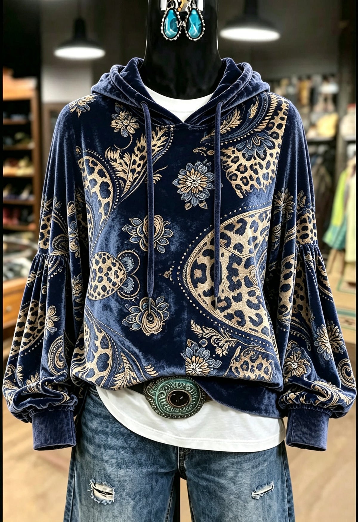 Navy Gold Floral Velvet Hoodie