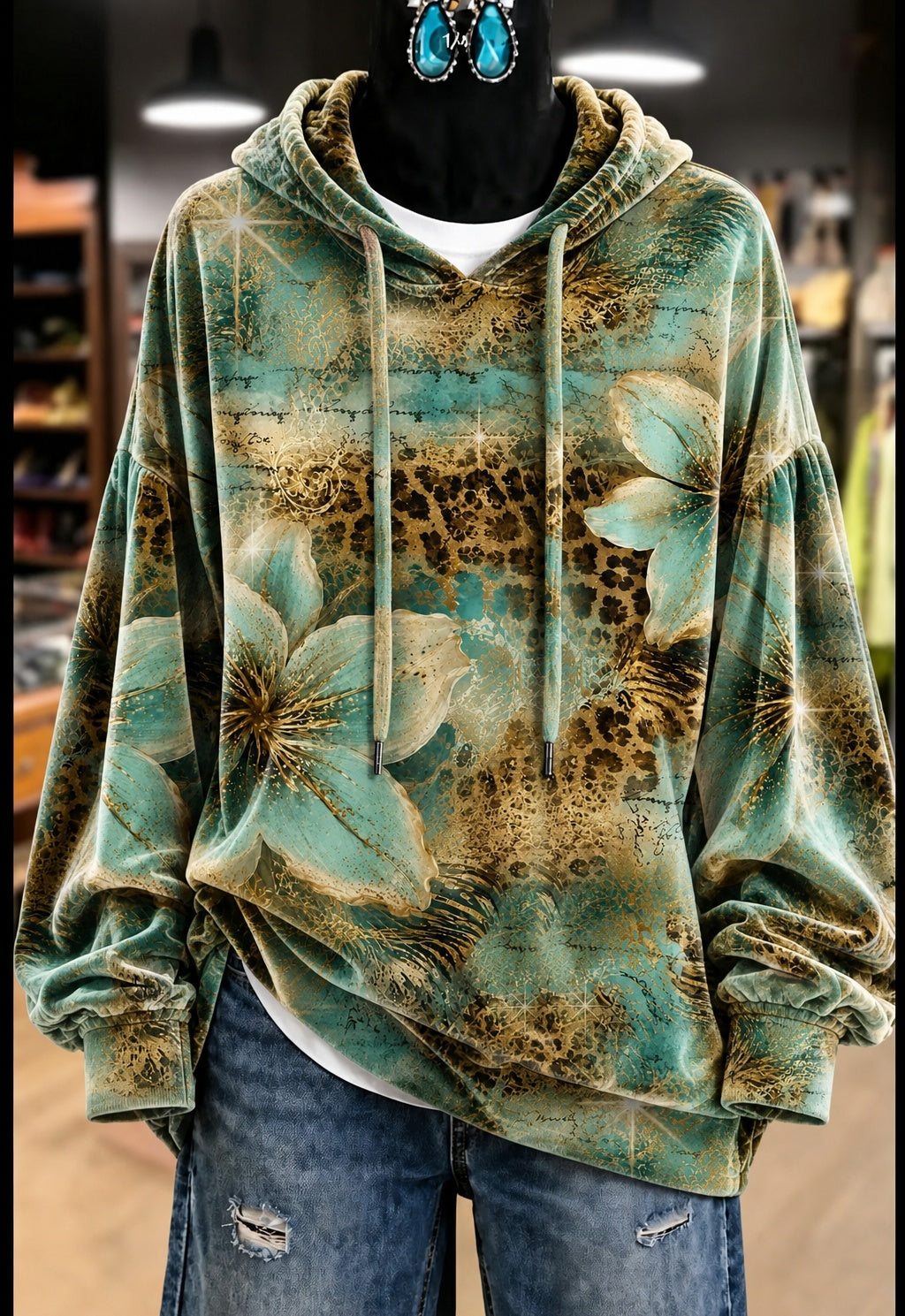 Green Gold Floral Velvet Hoodie