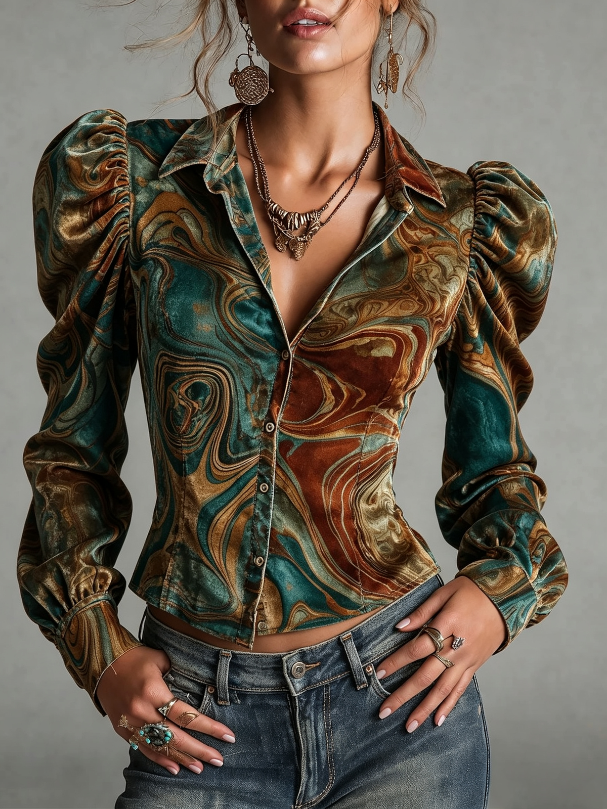 Teal Marble Print Velvet Blouse