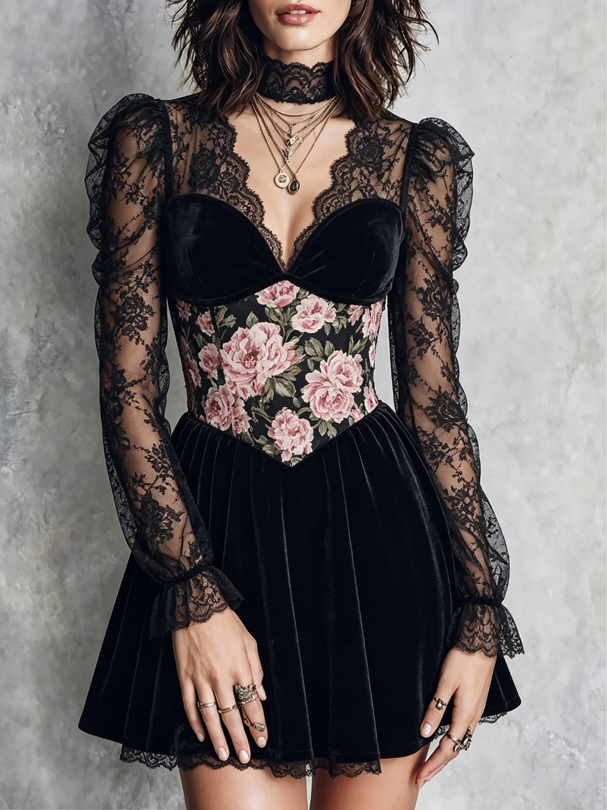 Black Velvet Lace Corset Dress