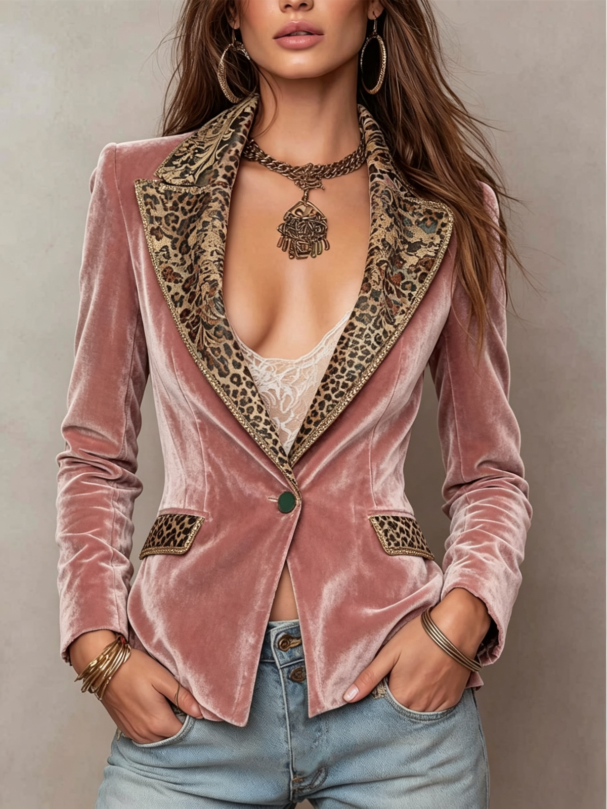 Pink Velvet Leopard Trim Blazer