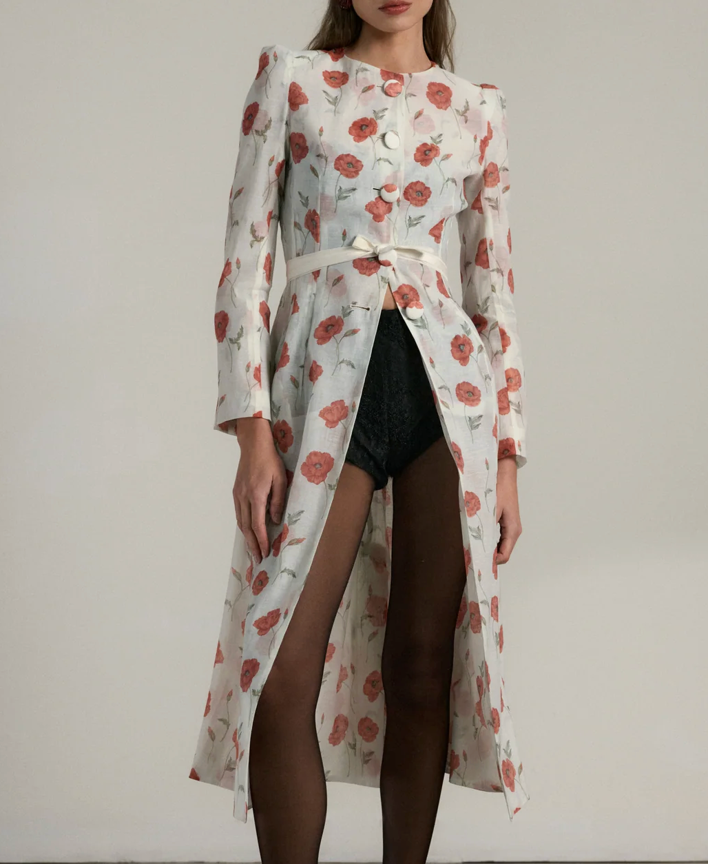 Cream Floral Print Split Front Midi Dress