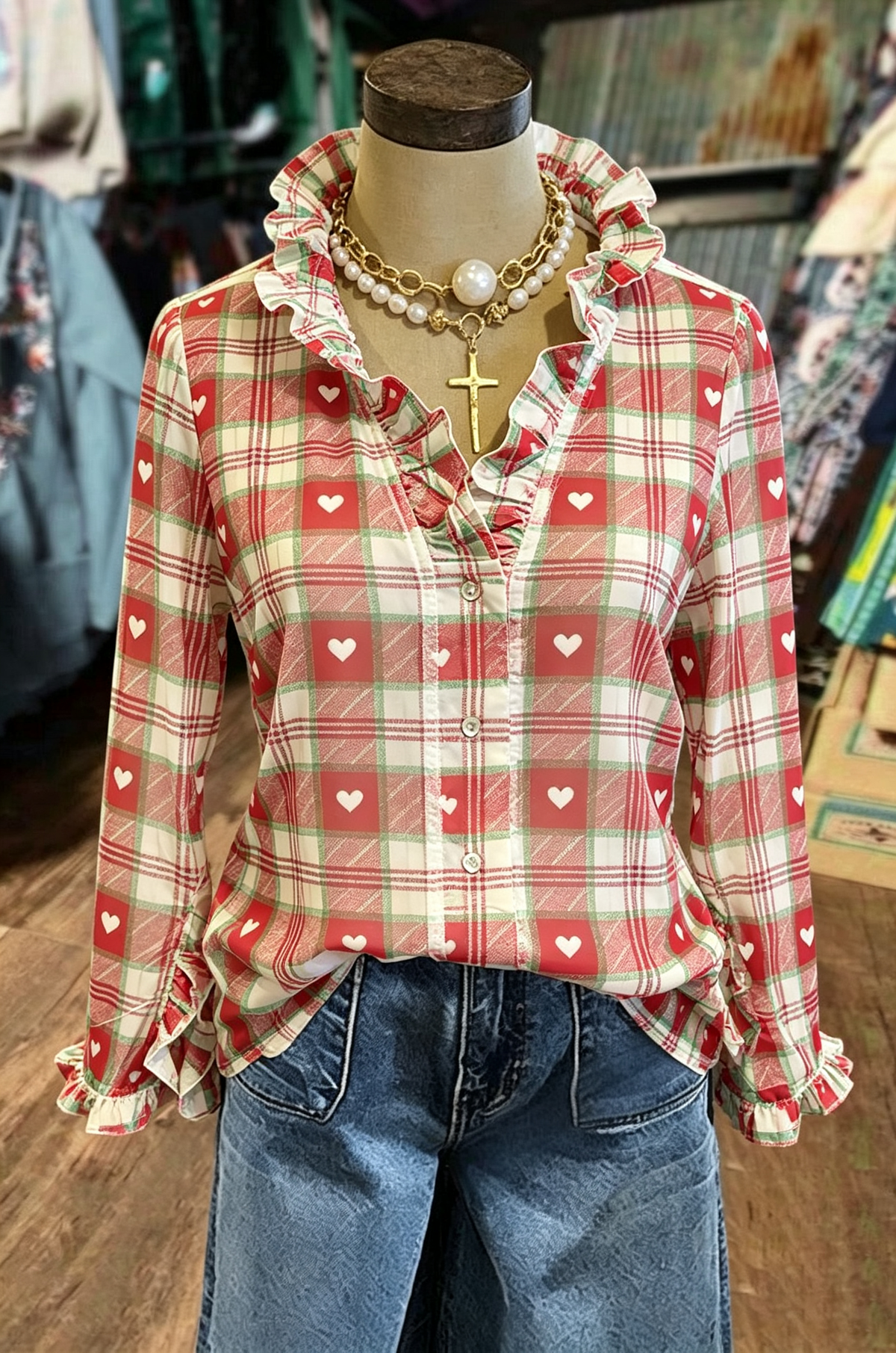 Red Plaid Heart Print Ruffle Blouse