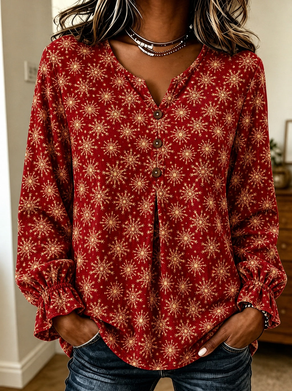 Red Gold Snowflake Button-Down Blouse