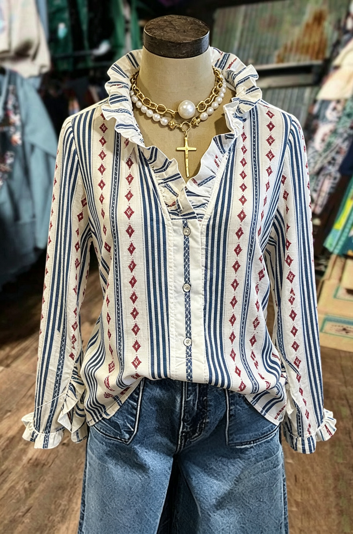 Cream Blue Embroidered Stripe Blouse