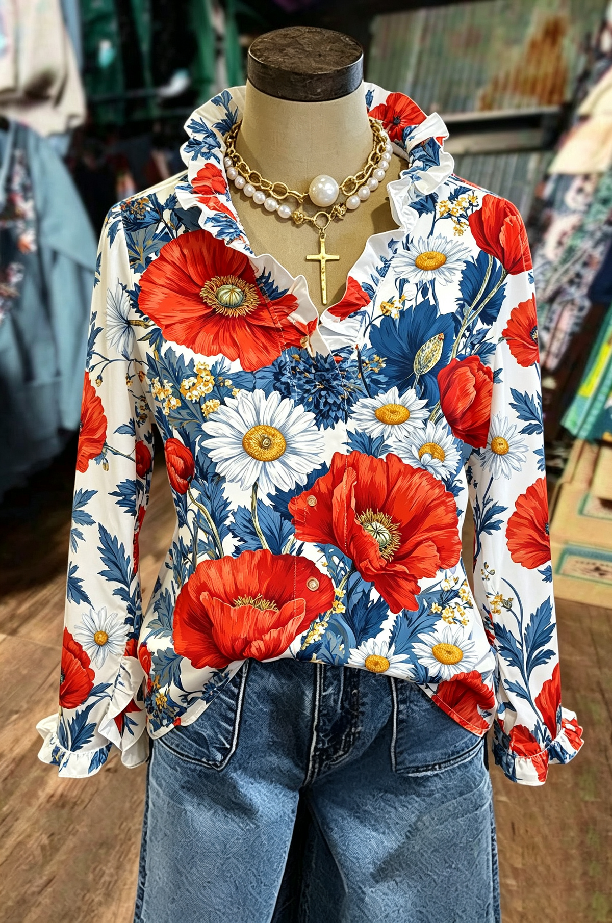Cream Red Floral Ruffle Blouse