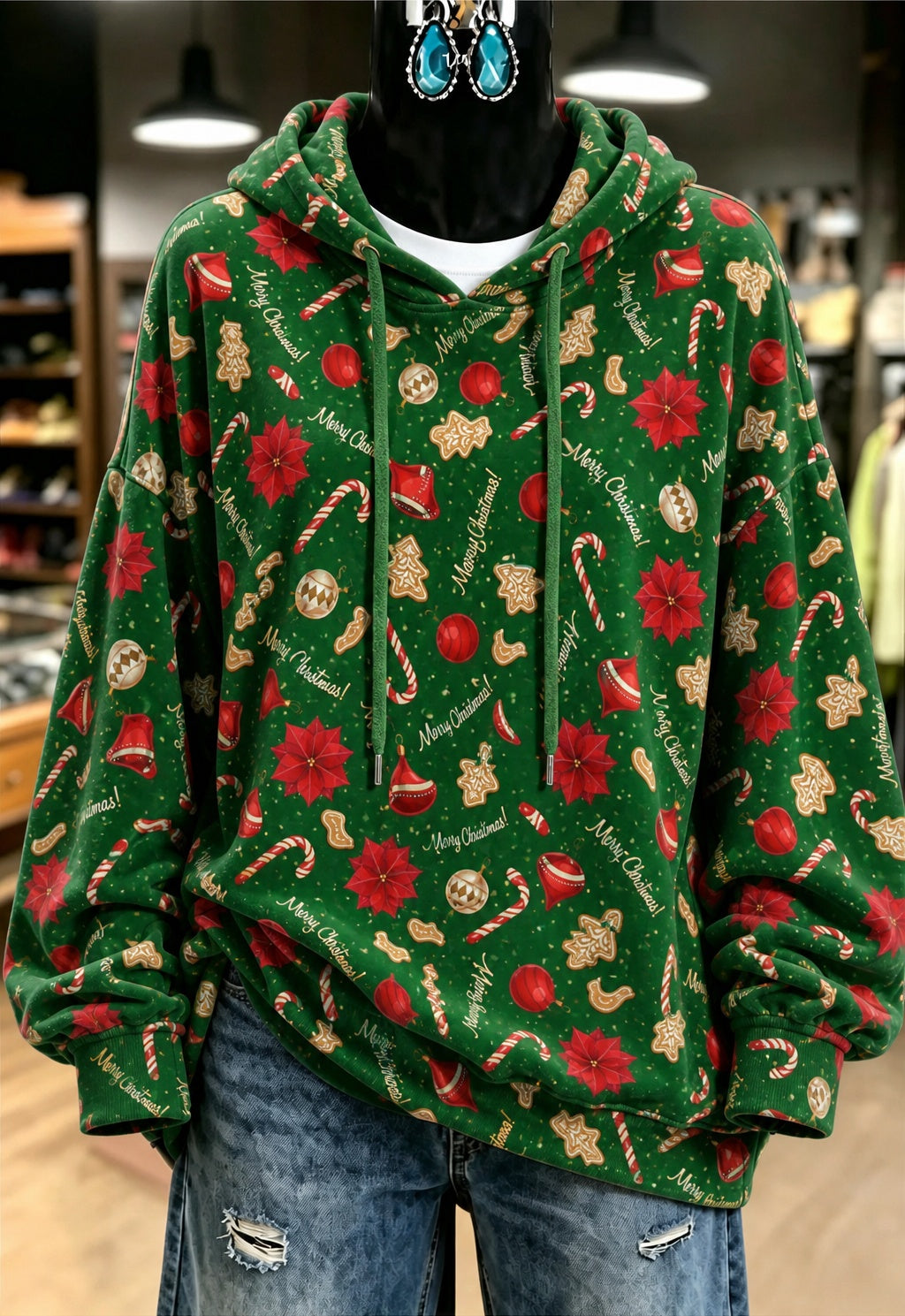 Green Christmas Print Hoodie