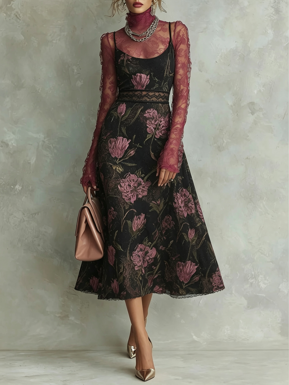 Black Floral Print Tulle Midi Dress