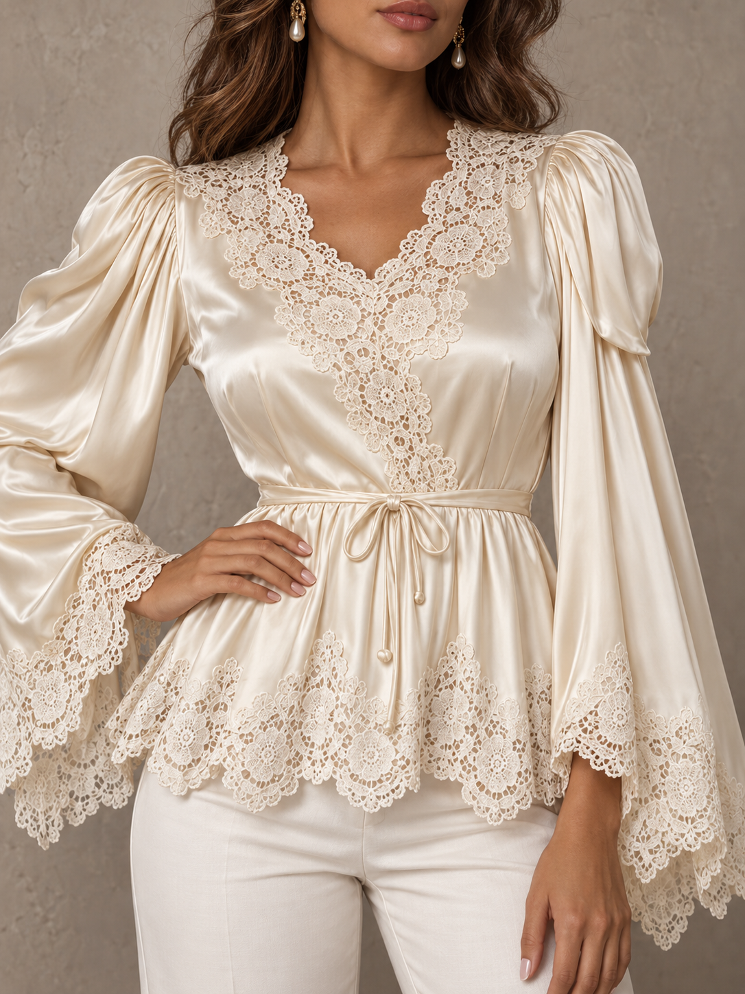 Ivory Satin Lace Trim V Neck Peplum Blouse