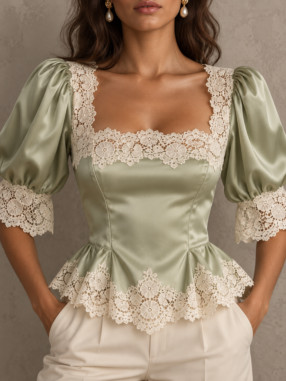 SageGreen Satin Lace Trim Puff Sleeve Peplum Blouse