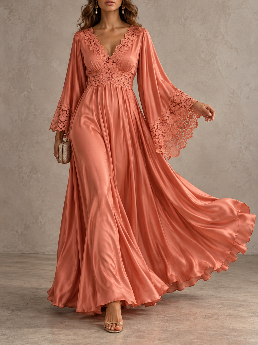 Coral Satin Lace Trim Long Sleeve Flowy Maxi Dress