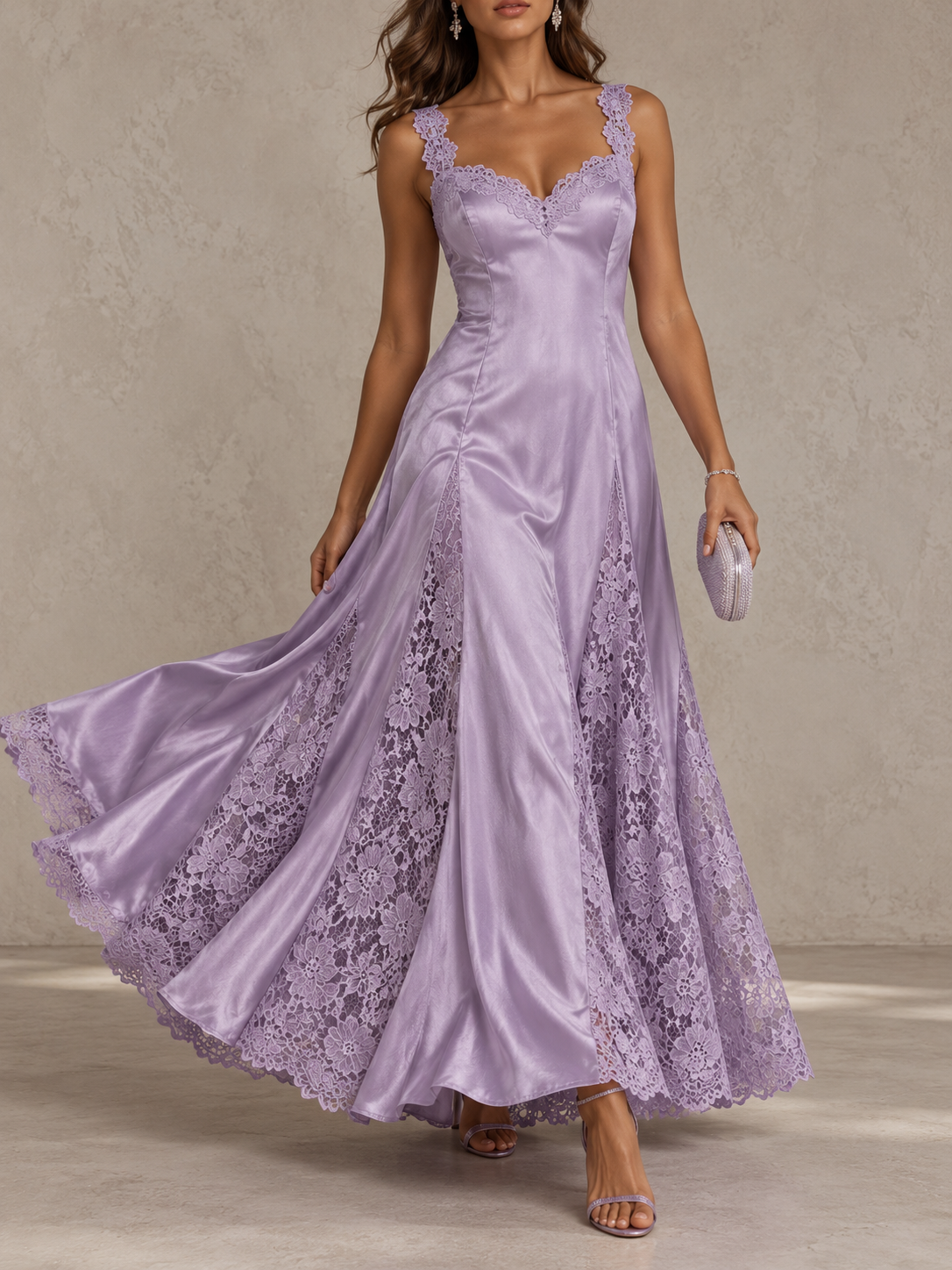 Lilac Satin Lace Trim Sleeveless Maxi Dress