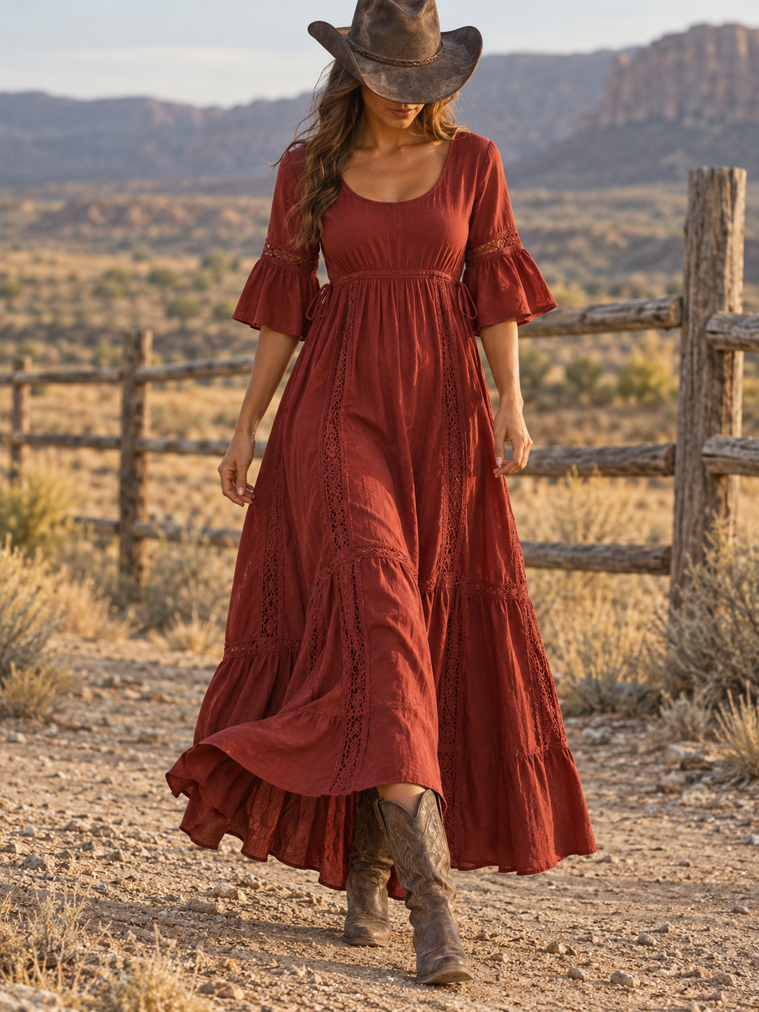Rust Lace Trim Tiered Maxi Dress