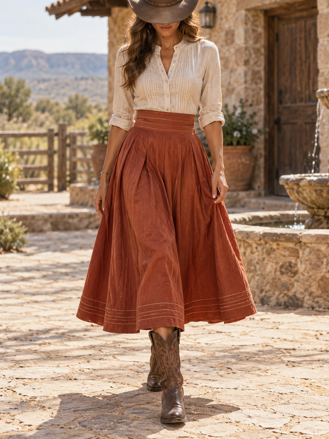 Rust Pleated Midi Skirt