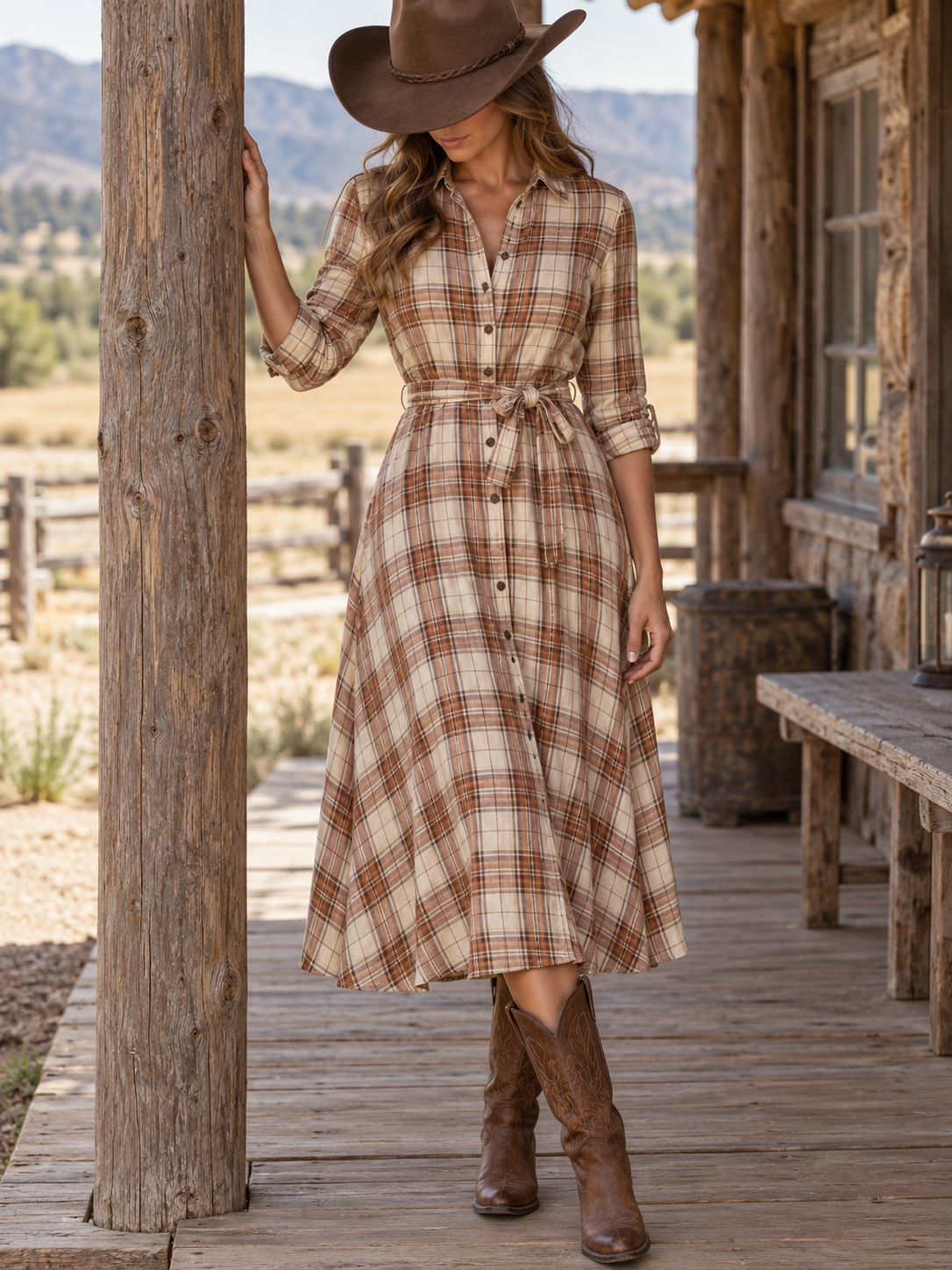 Beige Plaid Tie Waist Button Front Midi Dress