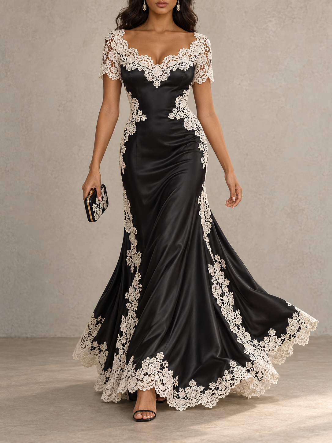 Black Satin Lace Trim Short Sleeve Maxi Dress