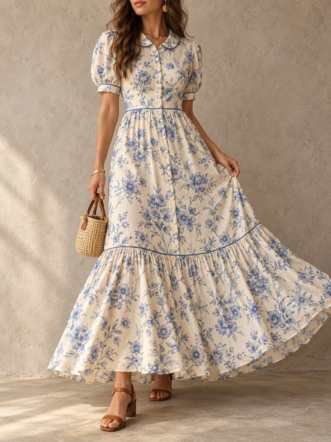 Cream Blue Floral Print Button Front Maxi Dress