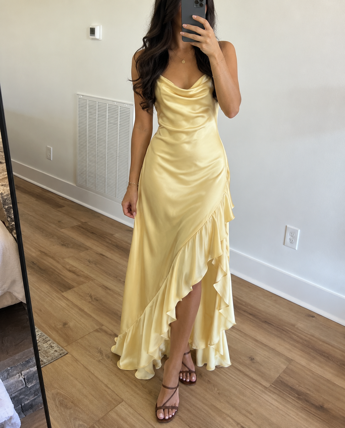 Yellow Satin Cowl Neck Ruffle Maxi Dress