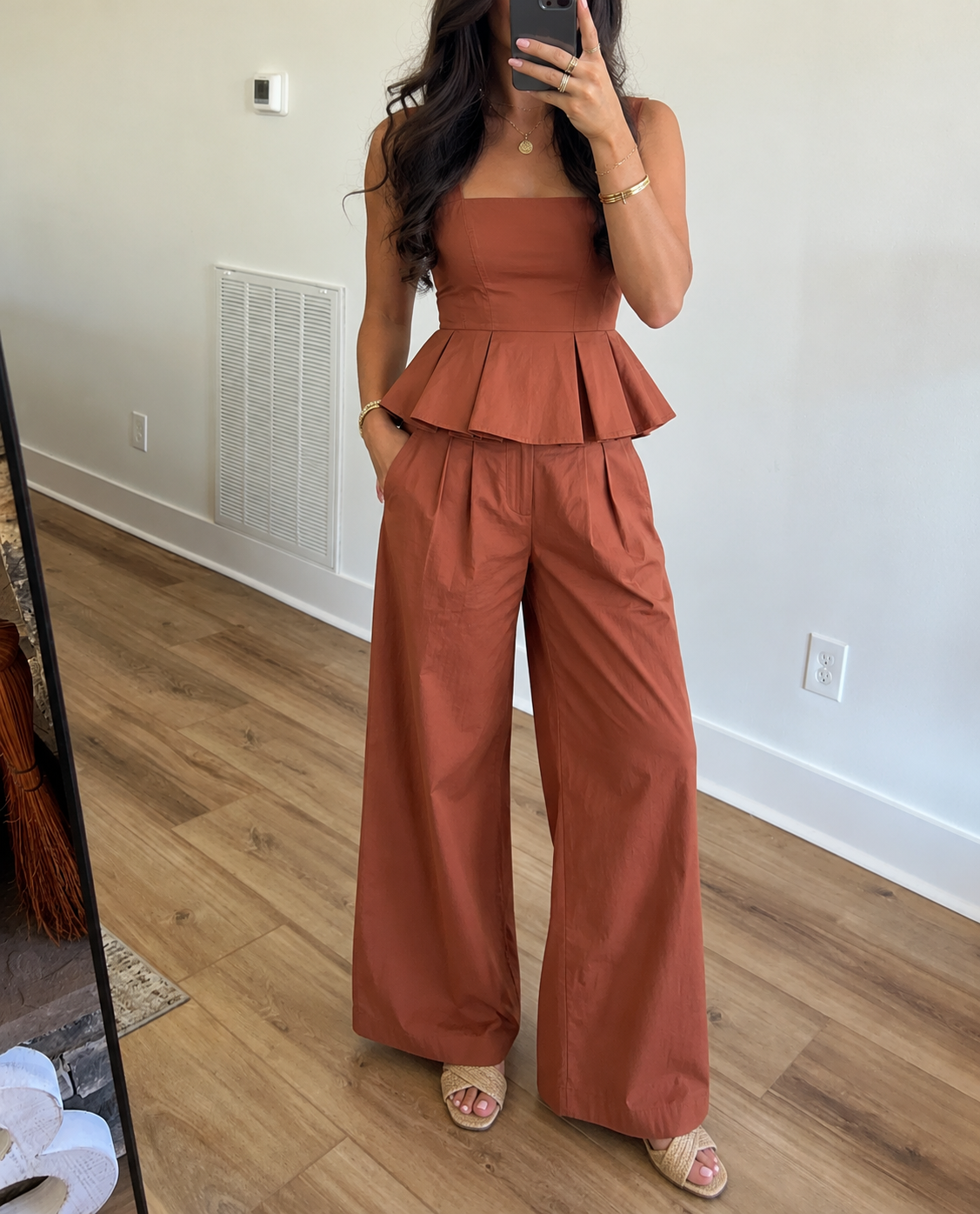Rust Cotton Peplum Top and Wide Leg Pants Set