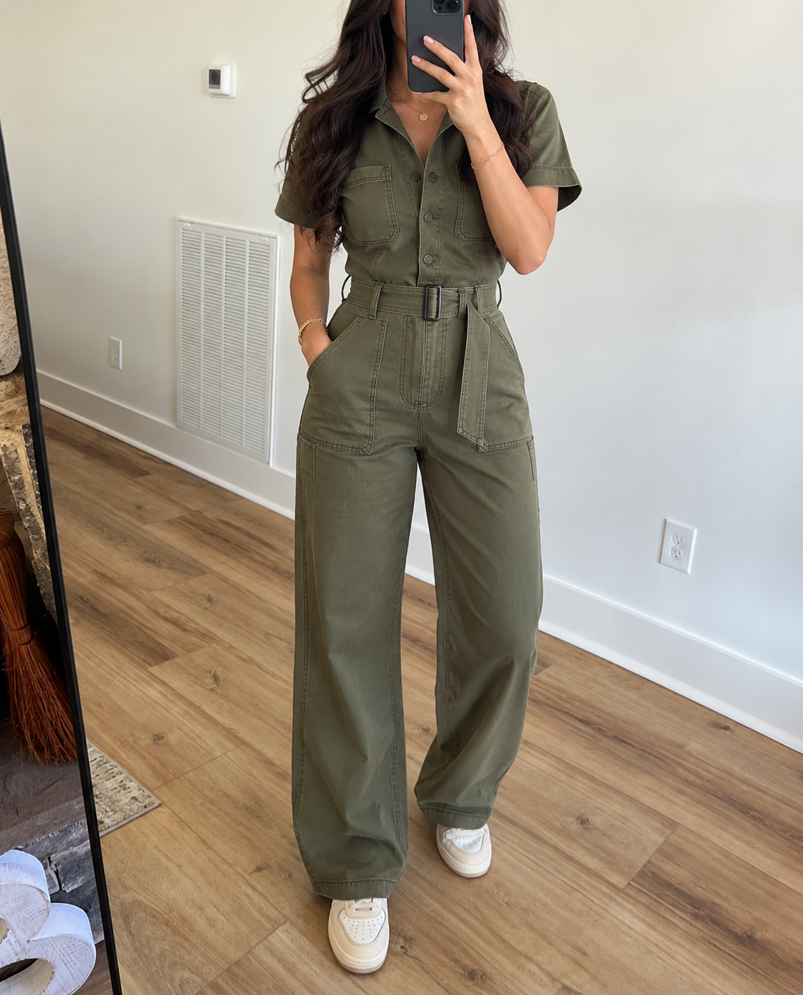 Olive Cotton Short Sleeve Wide Leg Jumpsuit
