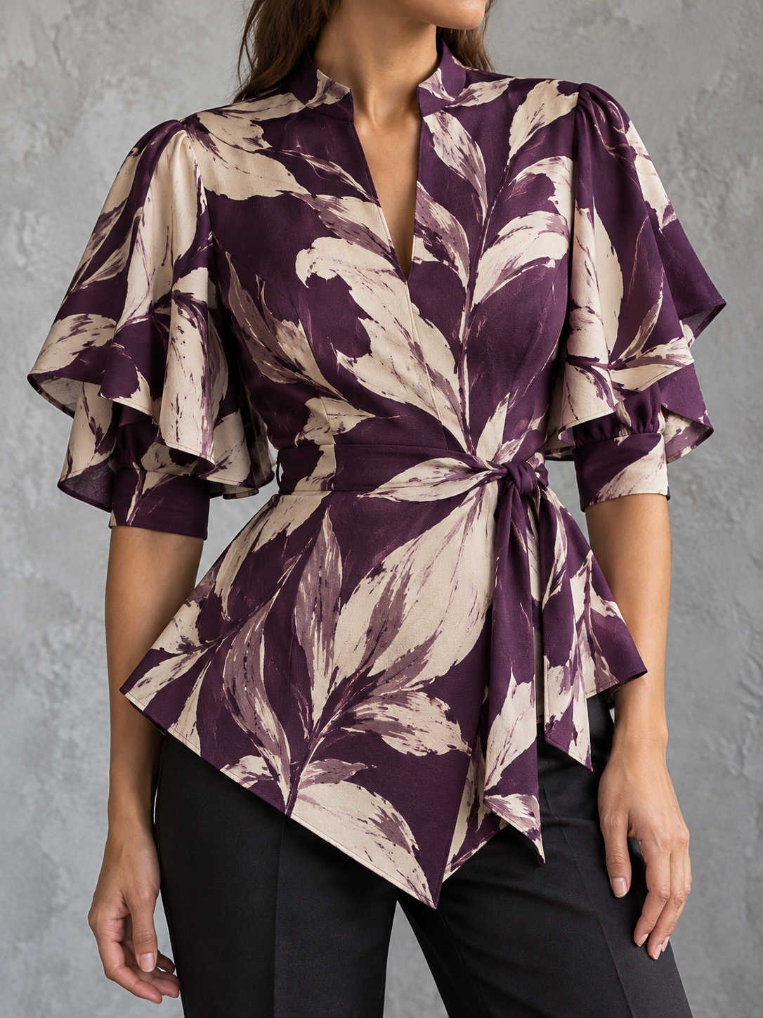 Burgundy Leaf Print Wrap Blouse
