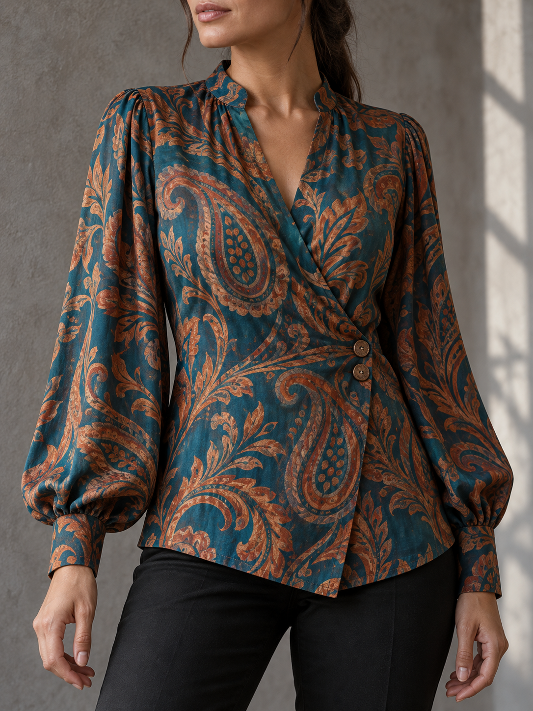 Teal Paisley Print Wrap Blouse